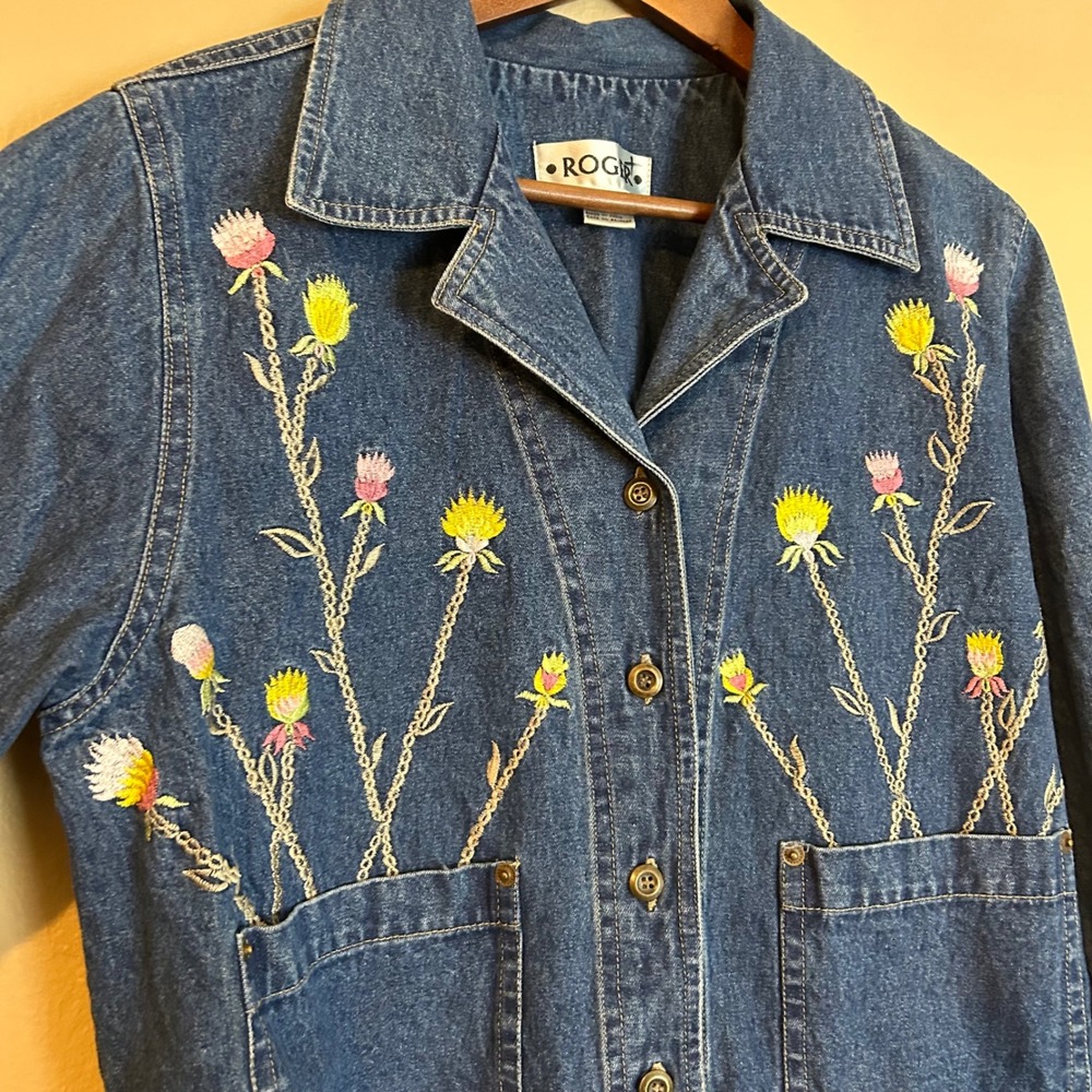 Vintage Demin Embroidered Floral Thistle Jacket Roger 100% Cotton - Picture 8 of 9